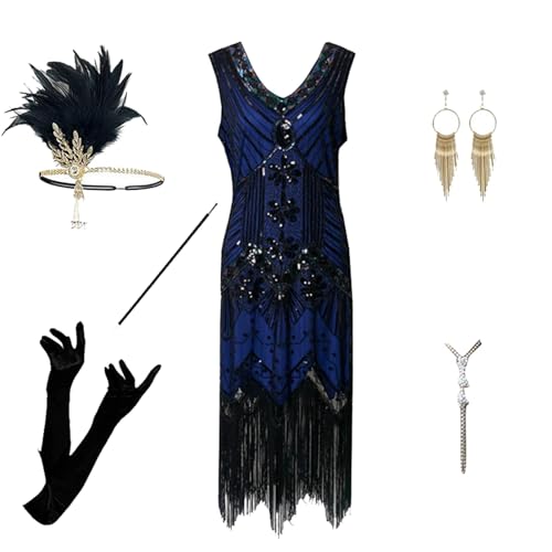 Briskorry 6-Teiliges Set Damen 1920s Kleid Gatsby Abendkleid Cocktail Party Abendkleider 20er Jahre Kostüm Kleid Quasten Partykleid Fransenkleid mit Accessoires von Briskorry