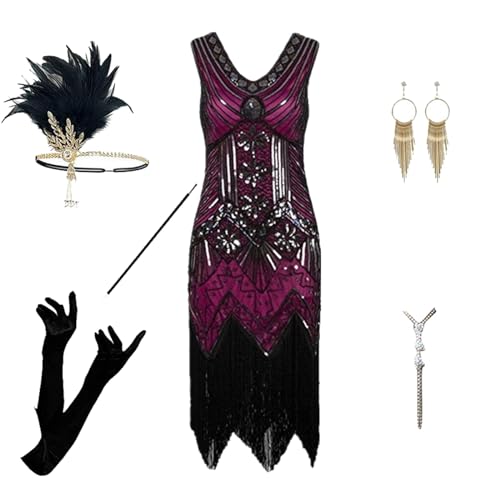 Briskorry 6-Teiliges Set Damen 1920s Kleid Gatsby Abendkleid Cocktail Party Abendkleider 20er Jahre Kostüm Kleid Quasten Partykleid Fransenkleid mit Accessoires von Briskorry