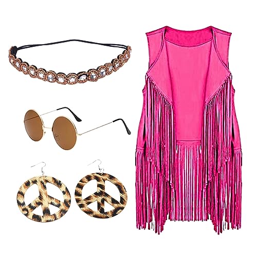 Briskorry Cowboy Kostüm Damen 60er 70er Hippie Kostüm Set für Frauen, Fransenweste Leopard Print Ohrringe Stirnband Herz Sonnenbrille Weste+Kopfkette+Brille+Ohrringe (Hot Pink, M) von Briskorry