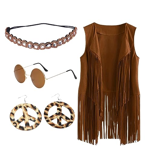 Briskorry Cowboy Kostüm Damen 60er 70er Hippie Kostüm Set für Frauen, Fransenweste Leopard Print Ohrringe Stirnband Herz Sonnenbrille Weste+Kopfkette+Brille+Ohrringe (Khaki, S) von Briskorry