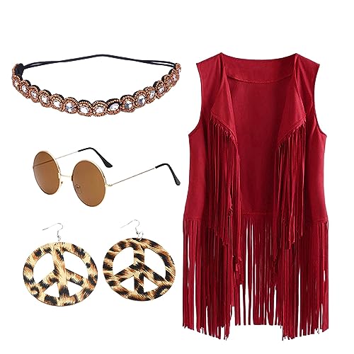 Briskorry Cowboy Kostüm Damen 60er 70er Hippie Kostüm Set für Frauen, Fransenweste Leopard Print Ohrringe Stirnband Herz Sonnenbrille Weste+Kopfkette+Brille+Ohrringe (Rot, XXL) von Briskorry