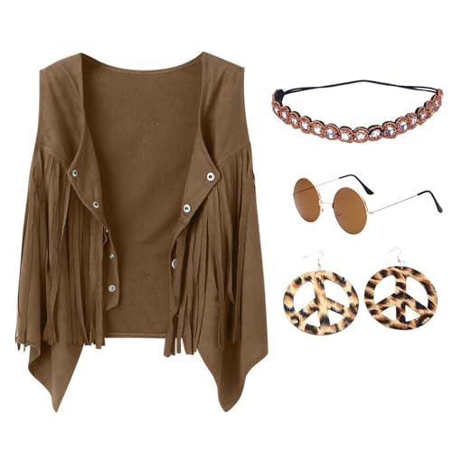 Hippie Kostüm Set Fransen ärmellos Weste Kleidung 60er 70er Jahre Bekleidung Damen Disco Outfit Braun Fransenweste Hippie Bolero Karneval Faschingskostüme Kopfkette Brille Ohrringe (Bronze, S) von Briskorry