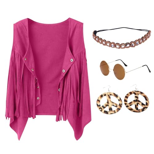 Hippie Kostüm Set Fransen ärmellos Weste Kleidung 60er 70er Jahre Bekleidung Damen Disco Outfit Braun Fransenweste Hippie Bolero Karneval Faschingskostüme Kopfkette Brille Ohrringe (Hot Pink, L) von Briskorry