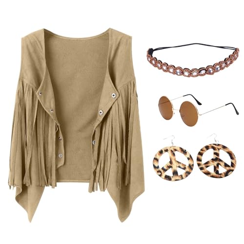 Hippie Kostüm Set Fransen ärmellos Weste Kleidung 60er 70er Jahre Bekleidung Damen Disco Outfit Braun Fransenweste Hippie Bolero Karneval Faschingskostüme Kopfkette Brille Ohrringe (Khaki, M) von Briskorry