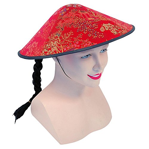 Bristol Novelty BH441 Chinesischer Coolie-Hut Stoff mit Zopf, Unisex Adult, Rot, Schwarz, Einheitsgröße von Bristol Novelty