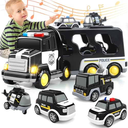 Britik Spielzeug für 3-8 Jahre Kinder: Autotransporter LKW Spielzeug Polizei Truck Set Geschenke für Mädchen Jungen ab 3 4 5 6 7 8 9 10 Jahre Kinderspielzeug Fahrzeuge Set Outdoor Spielzeugautos von Britik