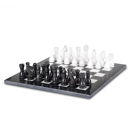 Luxuriöses 30,5 cm handgefertigtes Marmor-Schach-Set - Schwarz-Weiß-Himalaya-Marmor - Elegantes Geschenk für Schachliebhaber von British Fossils