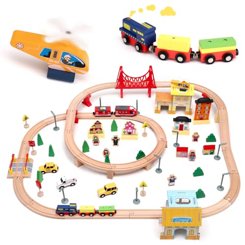 Brolteja Schienen Auto Spielzeug,108 Pcs City-Zugset für Kinder Erweiterbares Holzeisenbahn-Set,Elektrische Eisenbahn Kinder, Eisenbahn Zug Spielzeug mit Zuggleis und 4 Zugwaggons von Brolteja