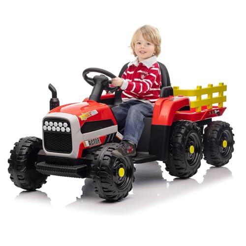 Brolteja Elektrotraktor für Kinder, Kindertraktor mit Anhänger, mit Fernbedienung, LED-Lichtern, Musik, belastbar bis 30 kg, geeignet für Kinder ab 3 Jahren (rot) von Brolteja