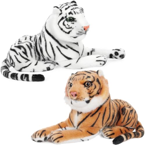 BRUBAKER 2er Set Tiger Kuscheltier - 25 cm Plüsch Stofftier - Kleines Plüschtier Liegend - Baby Raubkatze - Kinder Spielzeug - Weiß und Braun von BRUBAKER