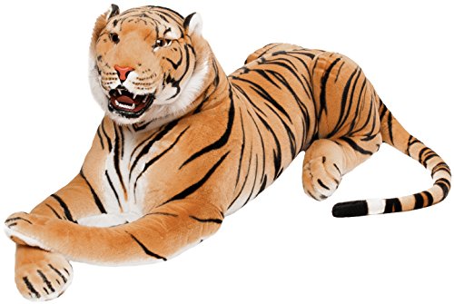 BRUBAKER Brüllender Tiger - Kuscheltier mit Zähnen Braun 130 cm - liegend lebensecht Stofftier Plüschtier - König des Dschungels von BRUBAKER