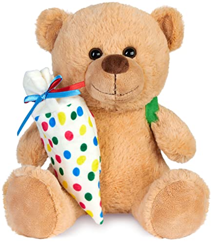 BRUBAKER Teddy Plüschbär mit Schulranzen und Schultüte zum Befüllen Bunt - 25 cm Teddybär für Einschulung Schulanfang Schule - Plüschteddy mit Rucksack - Kuscheltier Schmusetier Stofftier von BRUBAKER