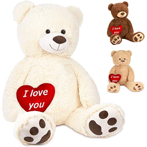 BRUBAKER XXL Teddybär 100 cm Weiß mit einem I Love You Herz Stofftier Plüschtier Kuscheltier von BRUBAKER