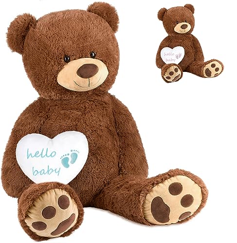 BRUBAKER XXL Teddybär Braun 100 cm mit Hello Baby Herz Blau - Kuscheltier Geschenk für Geburt, Babyparty und Neugeborene Jungen - Stofftier mit Herzkissen Hellblau - Plüschtier von BRUBAKER