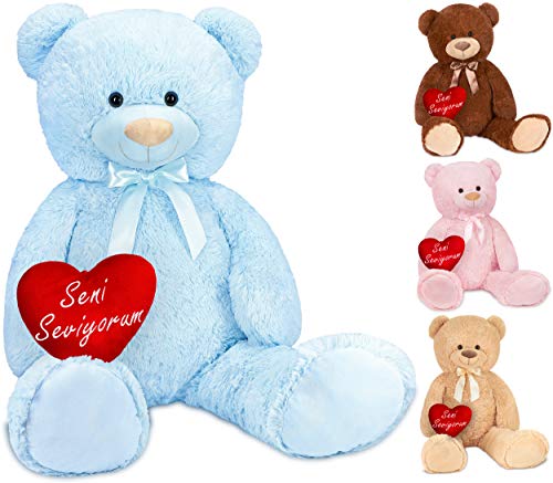 BRUBAKER XXL Teddybär Seni Seviyorum - 100 cm Stofftier Hellblau mit Herz und Schleife - Plüschtier Kuscheltier von BRUBAKER