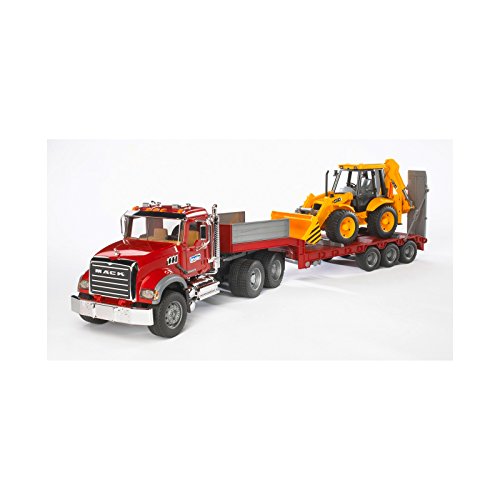 bruder 02813 - Mack Granite LKW mit Tieflader & JCB 4CX Baggerlader - 1:16 Transporter Schwertransporter Truck Baustelle Baufahrzeug Schaufelbagger von bruder