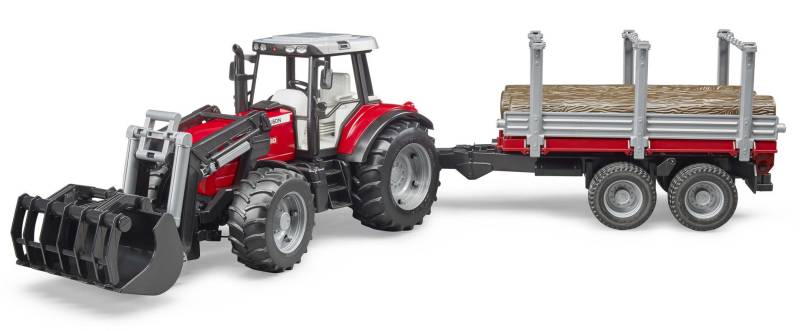 Bruder Massey Ferguson 7480 Traktor Mit Frontlaster Und Holztransportanhänger von Bruder