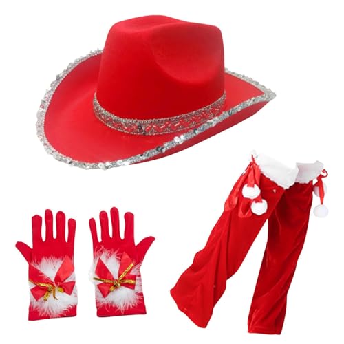 Bsbkoj Christmas Outfits für Damen, Santa Hut mit Handschuhen und Leg Muffs, Stylischer Weihnachtshut für Damen, Fancy Dress Up Role Play Cosplay Zubehör für Geburtstag Weihnachten von Bsbkoj