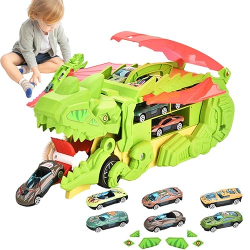 Bsbkoj Dinosaur Car Carrier Truck, Transport Engineering Car Toy, Transformation Track Carrier Truck for Kids, Includes 6 Small Alloy Vehicles, Learn About Dinosaurs While Playing von Bsbkoj