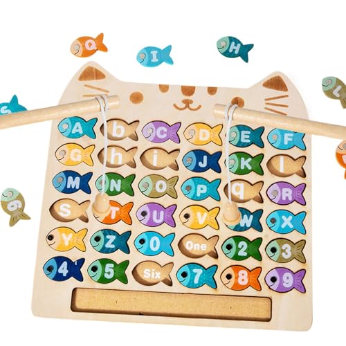 Bsbkoj Magnetic Fishing Game, Wooden Fishing Toy, Cat Shape Fishing Game, Preschool Fine Motor Toy, Interactive Fishing Toy, Magnetic Fish Catching Game, Wooden Cat Toy Game von Bsbkoj