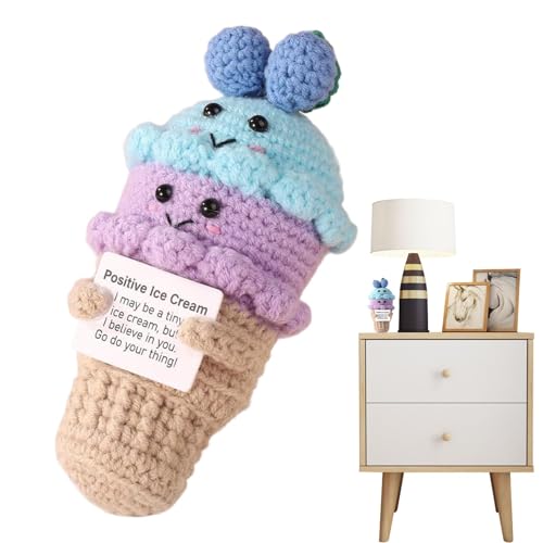 Bsbkoj Positive Ice Cream, Emotional Support Doll, Handmade Häkelnadel, Cheer Up Knitting Toy, Positive Häkelpuppe, Haken Doll for Home, Haken Plush for Office, Knitted Ice Cream Toy von Bsbkoj