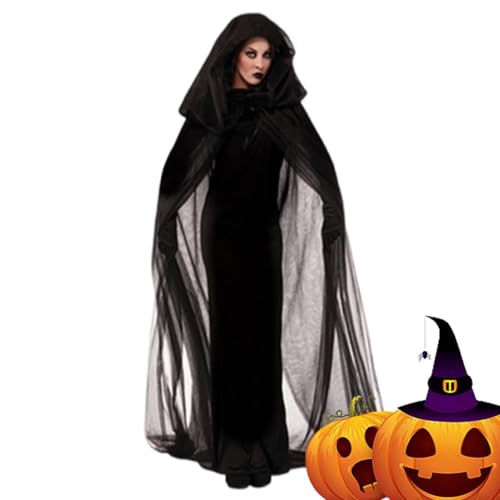 Bsbkoj Witch Hooded Cloak, Tüll Sheer Witch Cape, Long Hooded Cloak for Women, Long Haunted Cape for Women, Tulle Sheer Wizard Cape Costume, Perfect for Bride Cosplay and Halloween Parties von Bsbkoj