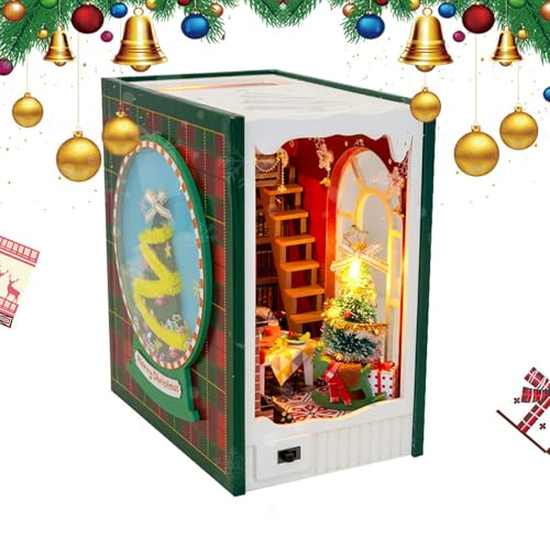 Bücherregal-Einsatz, Weihnachtspuppenhäuser, 3D-Miniatur-Buchecke aus Holz, kreative Buchecken-Dekoration, Puppenhaus-Bücherregal-, LED-Licht-Bucheinsatz, skurrile Regalakzente, detaillierte Holz von Bsbkoj