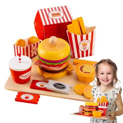 Wooden Play Food Set, Hamburger Simulation Plush, 8.66x3.15x7.52 inches Adorable Pretend Fast Foods Playset, Wooden Hamburger French Fries Toy for Children von Bsbkoj