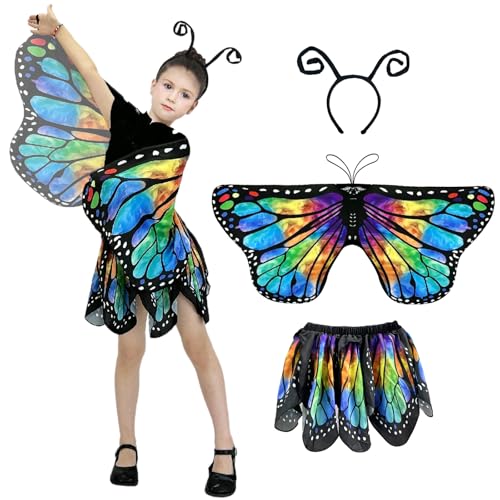 3 Stück Schmetterling Kostüm Kinder Karneval Kostüm Kinder Schmetterlingsflügel Kinder Bunte Flügel Tüllrock Haarreif Kostüm Schmetterling Kinder für Cosplay Karneval Mottoparty (blau lila, L) von Bseical