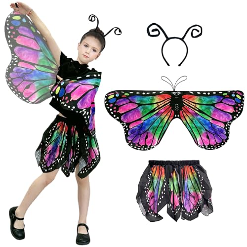 3 Stück Schmetterling Kostüm Kinder Karneval Kostüm Kinder Schmetterlingsflügel Kinder Bunte Flügel Tüllrock Haarreif Kostüm Schmetterling Kinder für Cosplay Karneval Mottoparty (rosa blau, L) von Bseical