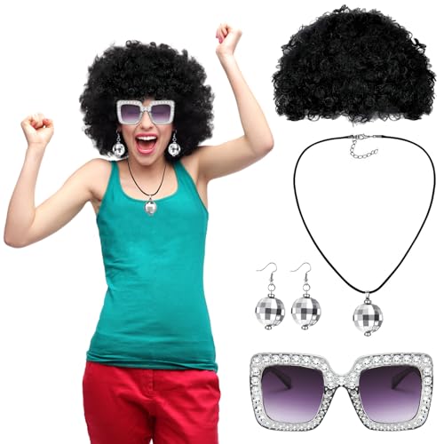 4 Stück Discokugel Kostüm 70er Discokugel Spiegelkugel Schmuck Set Perücke Damen Ohrringe Halskette nd Strass Sonnenbrille Bling Partybrille Kostüm Zubehör für Damen Herren Party Karneval (silver) von Bseical