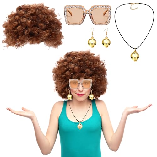 4 Stück Discokugel Kostüm 70er Discokugel Spiegelkugel Schmuck Set Perücke Damen Ohrringe Halskette nd Strass Sonnenbrille Bling Partybrille Kostüm Zubehör für Damen Herren Party Karneval (gold) von Bseical