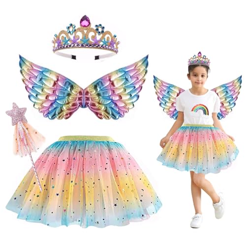 4 Stück Kinderkostüm Fee, Faschingskostüme Kinder Mädchen Prinzessin, Faschingskostüm Mädchen, Schmetterlingsflügel Kinder Regenbogen, Kostüme Fasching Karneval Feenflügel Tutu Krone Zauberstab (Gelb) von Bseical