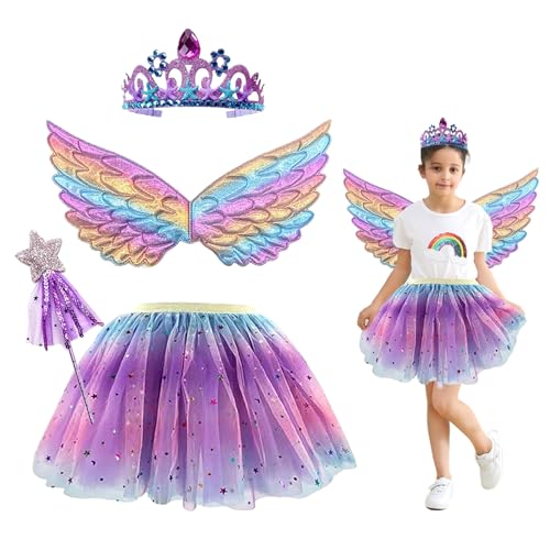 4 Stück Kinderkostüm Fee, Faschingskostüme Kinder Mädchen Prinzessin, Faschingskostüm Mädchen, Schmetterlingsflügel Kinder Regenbogen, Kostüme Fasching Karneval Feenflügel Tutu Krone Zauberstab (Lila) von Bseical