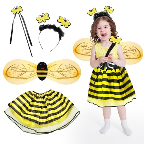 Kostüm Biene Kinder, Bienenkostüm Mädchen, Bienen Kostüm Accessoires, Kostüm Kinder mit Flügel Zauberstab Stirnband, Kinderkostüm Fee, Faschingskostüme Kind Prinzessin Tutu Karneval Fasching (Satin) von Bseical