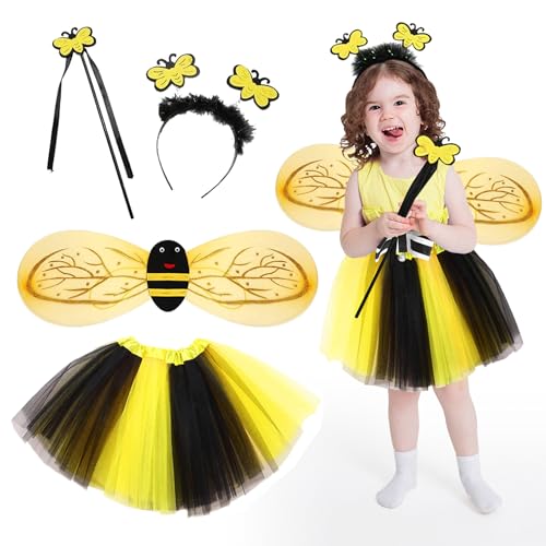 Kostüm Biene Kinder, Bienenkostüm Mädchen, Bienen Kostüm Accessoires, Kostüm Kinder mit Flügel Zauberstab Stirnband, Kinderkostüm Fee, Faschingskostüme Kind Prinzessin Tutu Karneval Fasching (Chiffon) von Bseical