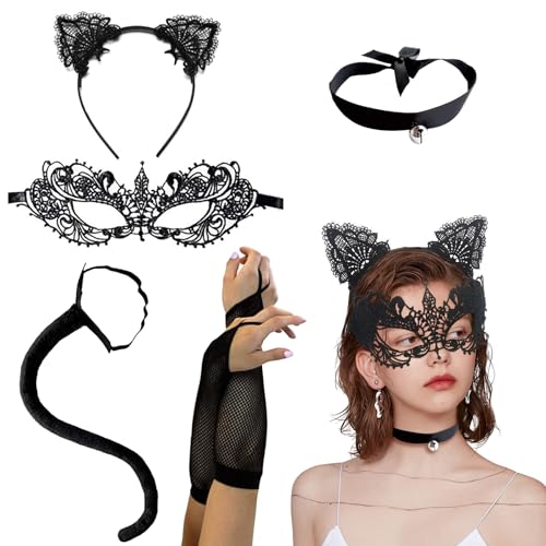 5 Stück Katzenkostüm Damen Fasching, Katzenohren Haarreif Spitze, Faschingskostüm Frauen Accessoires, Catwoman Maske Kostüm mit Lange Handschuhe und Schwanz Karneval Festival Maskerade Halloween Party von Bseical