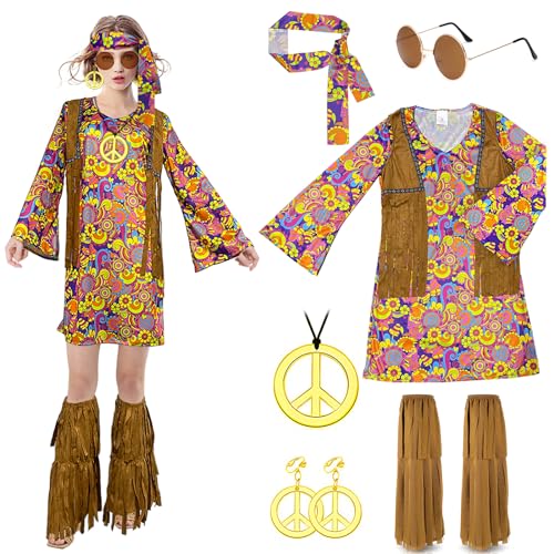 6 Stück Hippie Kostüm Damen Set,Karneval Kostüm Damen,70er Jahre Bekleidung Damen,60er 70er Hippie Kleid Damen Disco Outfit Faschingskostüm Mädchen Für Faschingskostüme Damen Party (M) von Bseical