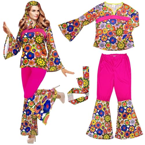 70er Jahre Bekleidung Damen, Hippie Kleidung Damen Pink, Hippie Kostüm Damen, Faschingskostüme Damen Hippie, Karnevalskostüme Damen mit Stirnband, Kostüme Karneval Schlaghose 60-80er Disco Party (S) von Bseical