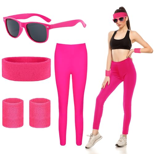 Bseical 90er 80er Jahre Outfit Damen Leggings Pink, Aerobic Kostüm Damen, 80er Jahre Accessoires Neon Party Outfit Mit Neon Stirnband, Armband, Sonnenbrille FüR Karneval, Fasching, Mottoparty (A) von Bseical