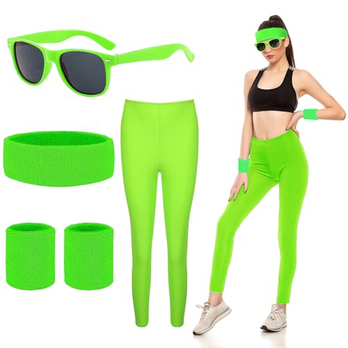 90er 80er Jahre Outfit Damen Blau Set, Damen 80er Jahre Workout KostüM, 80er Jahre Accessoires Neon Party Outfit Mit Neon Stirnband, Armband, Sonnenbrille FüR Karneval, Fasching, Mottoparty (B) von Bseical