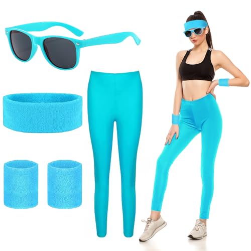 90er 80er Jahre Outfit Damen Blau Set, Damen 80er Jahre Workout KostüM, 80er Jahre Accessoires Neon Party Outfit Mit Neon Stirnband, Armband, Sonnenbrille FüR Karneval, Fasching, Mottoparty (C) von Bseical