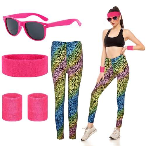 Bseical 90er 80er Jahre Outfit Damen Leoparden Leggings, Aerobic Kostüm Damen, 80er Jahre Accessoires Neon Party Outfit Mit Neon Stirnband, Armband, Sonnenbrille FüR Karneval, Fasching, Mottoparty von Bseical