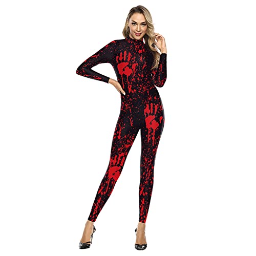 Bseical Halloween KostüM Skelett Damen Jumpsuit 3D Print Langarm Skinny Cosplay Knochen Overall Fasching Karneval Skeleton Bodysuit (Blut Handabdruck, L) von Bseical