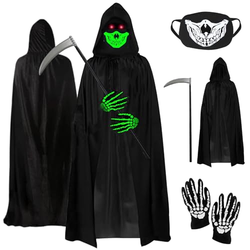 Bseical Halloween Sensenmann Kostüm, Glow Totenkopf Maske Set mit Sensemann Umhang, Halloween Sense und Glow Handschuhe, Halloween Kostüm Unisex Cosplay Halloween Party von Bseical