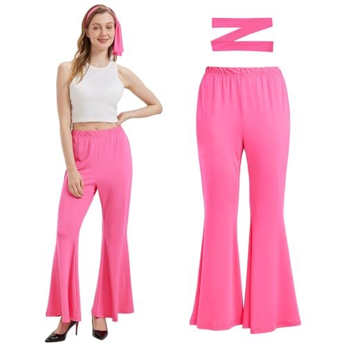 Bseical Hippie KostüM Damen 80er 90er Jahre, FaschingskostüMe Damen, Schlaghose Damen, Stirnband, Hippie Hose Damen, FaschingskostüM Accessoires Set FüR Fasching Party (Rosa, XXL) von Bseical