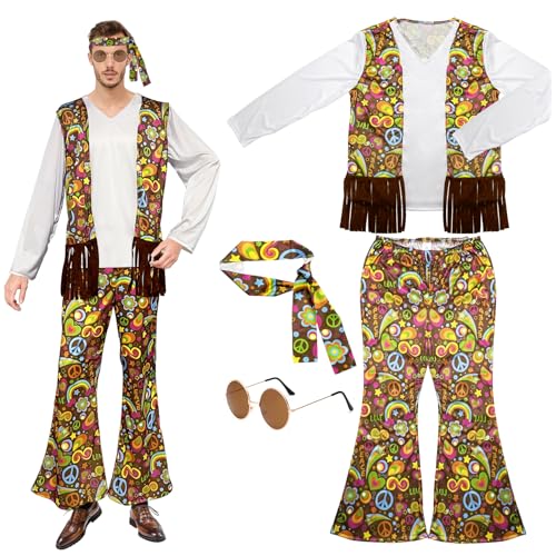 Bseical Hippie Kostüm Herren,Kostüm Erwachsene 60er 70er Anzug Hippie Anzüge,Hemd Mit Weste,Hose,Kopftuch,Schlaghose,Mottoparty,Kostüm Karneval Herren, Für Fasching Kostüm Fancy Dress Party (L) von Bseical