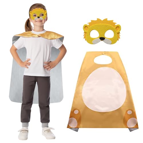 Bseical Karneval Kostüm Kinder 2 Stück Tier Faschingskostüme Kinder mit Maske Umhang Kinderkostüm Cape Kostüme für Karneval Fasching Halloween (Löwe, 70 X 70 cm) von Bseical