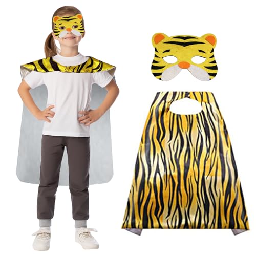 Bseical Karneval Kostüm Kinder 2 Stück Tier Kostüm Kinder Faschingskostüme Kinder mit Maske Umhang Kinderkostüm Cape Kostüme für Karneval Fasching Halloween (Tiger, 70 X 70 cm) von Bseical