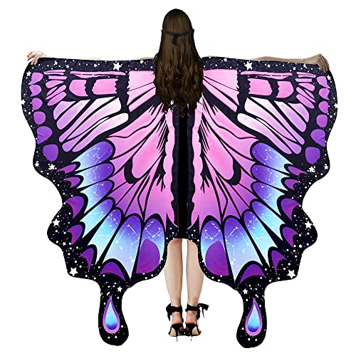 Bseical Schmetterling Kostüm Damen,Karneval Kostüm Damen,Schmetterling Umhang Schal,Fasching Kostüm Mit Bunter Maske Und Stirnband,Fee Kostüm,für Cosplay Karneval Halloween Weihnachten (Pink Lila) von Bseical